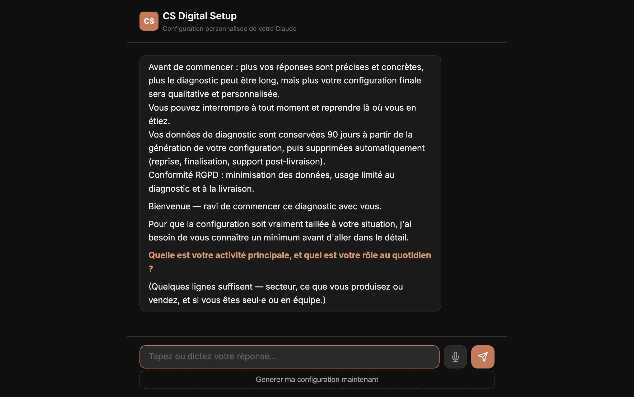 Première question du diagnostic CS Digital Setup — quelle est votre activité principale et votre rôle au quotidien