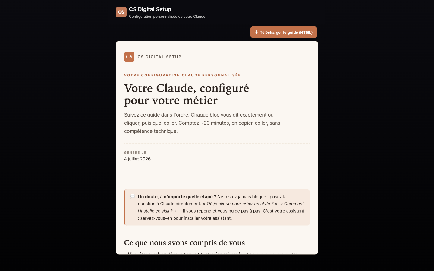 Le guide personnalisé livré par CS Digital Setup — votre Claude configuré pour votre métier