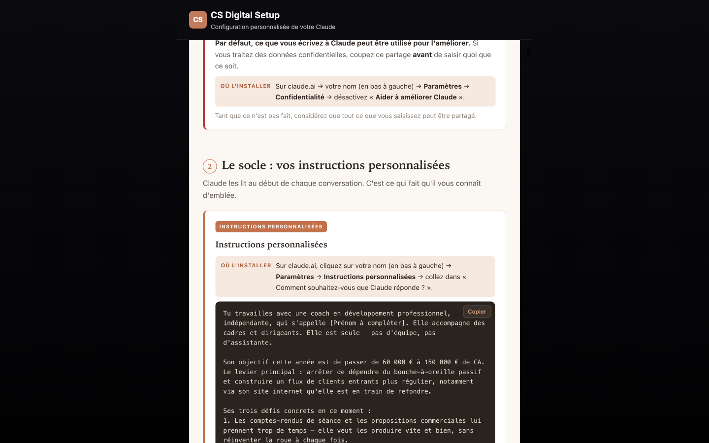 Section instructions personnelles du guide — le texte à coller dans les réglages de Claude pour qu'il vous connaisse dès la première phrase