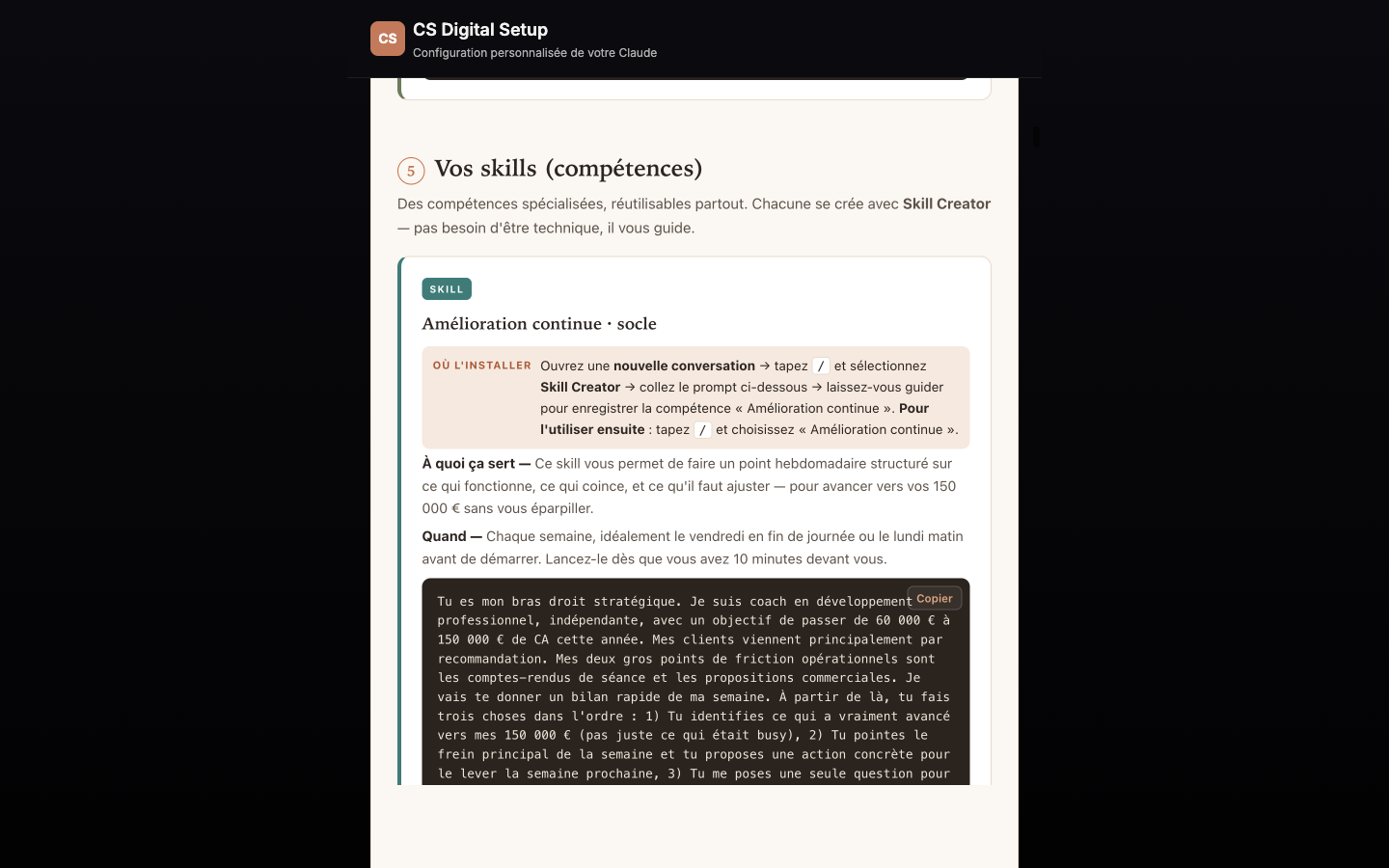 Section skills du guide — des compétences spécialisées prêtes à l'emploi, avec où les installer et le prompt à copier