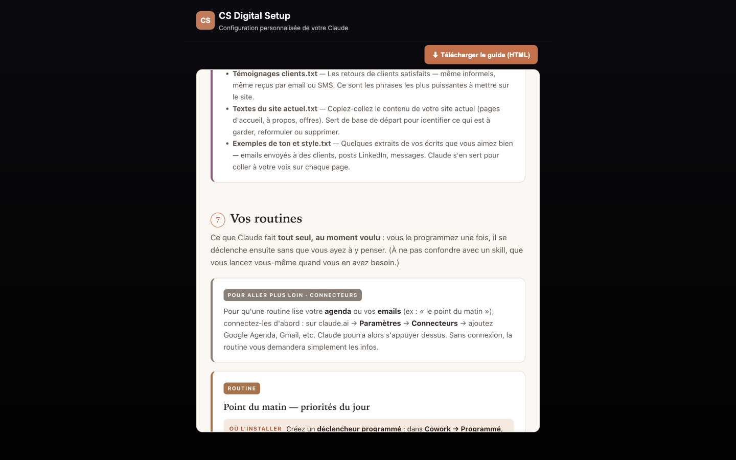 Section routines du guide — des rappels et automatismes hebdomadaires configurés pour le métier du dirigeant